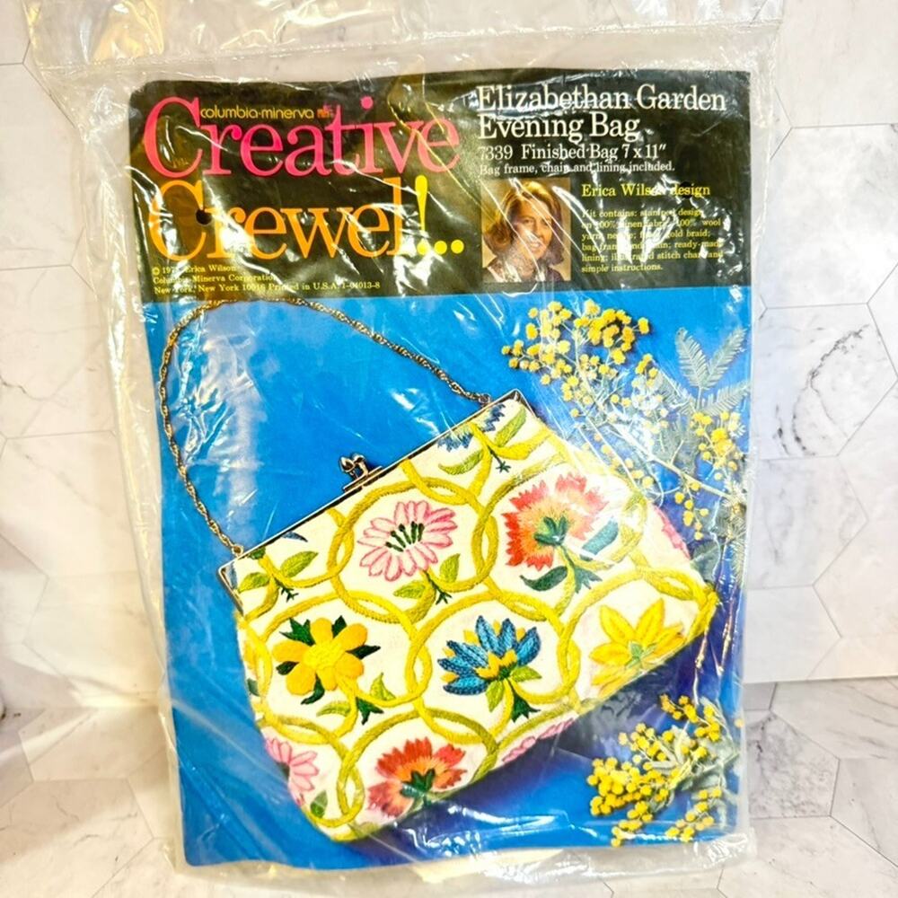 Vtg Creative Crewel Kit Erica Wilson Elizabethan Garden Evening Bag NOS 1973